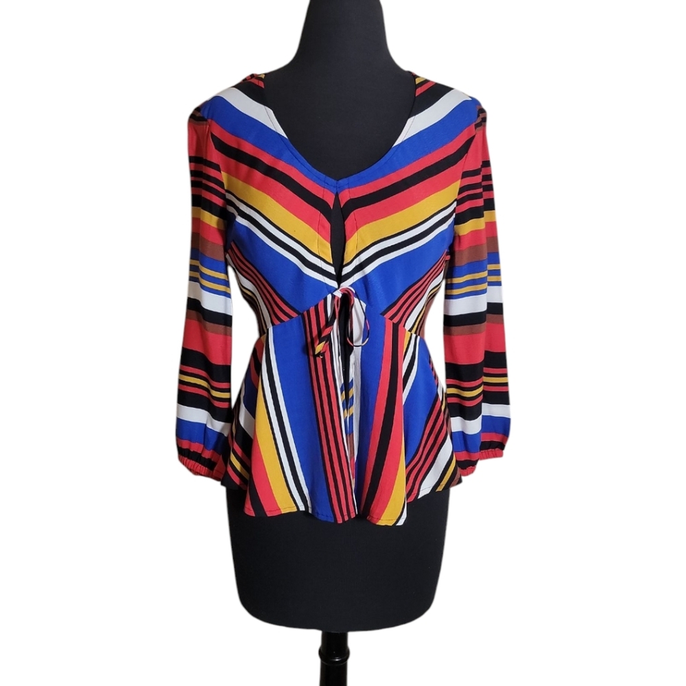 Express striped peplum top v neck 3/4 sleeve multicolor women's small